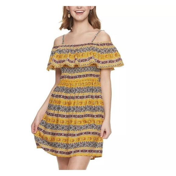 Lily Rose Baby Doll  Dress Womens Medium Yellow Red Sleeveless Off Shoulder - Picture 1 of 10